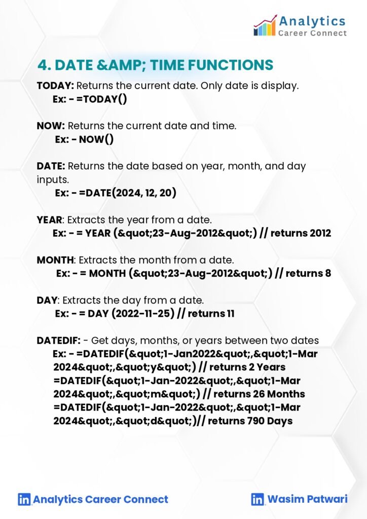 Excel for Data Analysis PDF _page-0008 - Connect 4 Techs Excel date and time functions explained